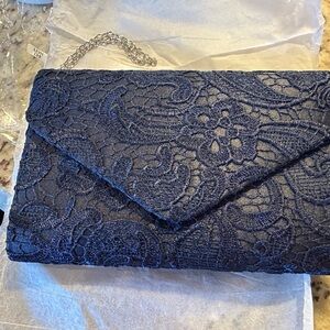 Elegant Navy Lace Clutch with Chain